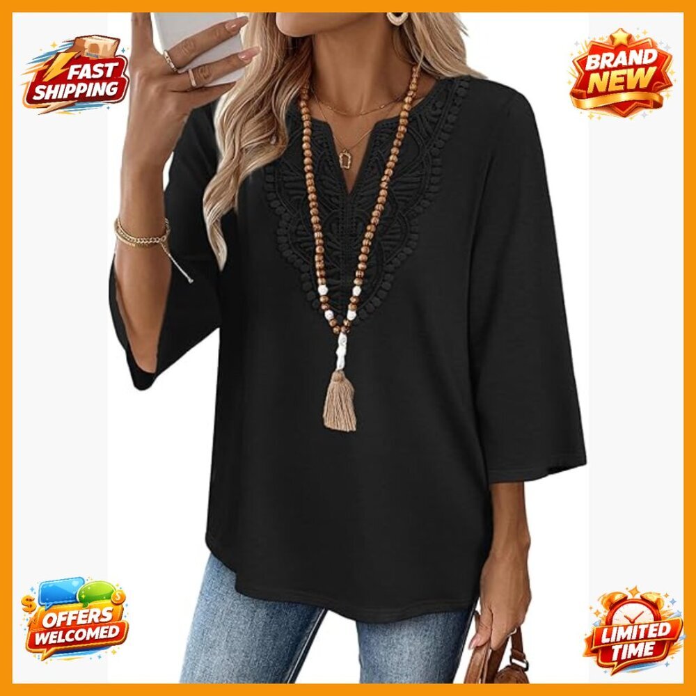 3/4 Sleeve V-Neck Lace Tunic Blouse, Boho Style, S-3XL, Dressy Casual